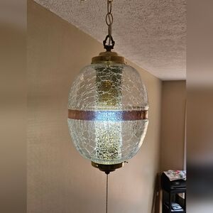 Clear Crackle Pull-Chain Glass Hanging Vintage Gold Band Light Swag Lamp Retro